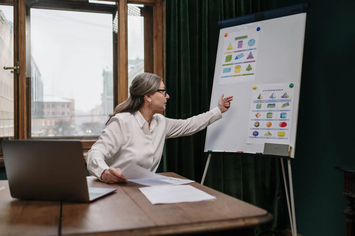 A woman at a flip chart pointing to diagrams while explaining to a group